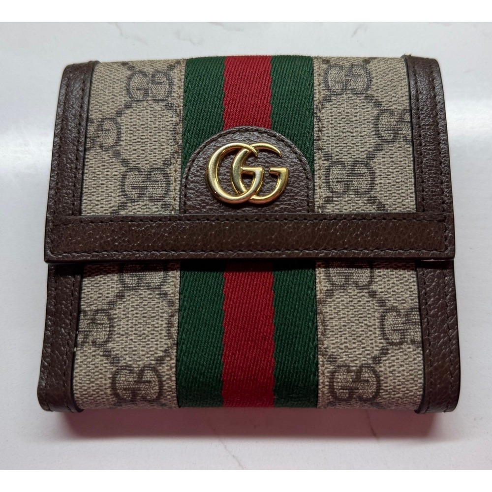 Auth Gucci Ophidia GG Supreme Bi Fold Wallet Brown Canvas Leather Gold GG Logo